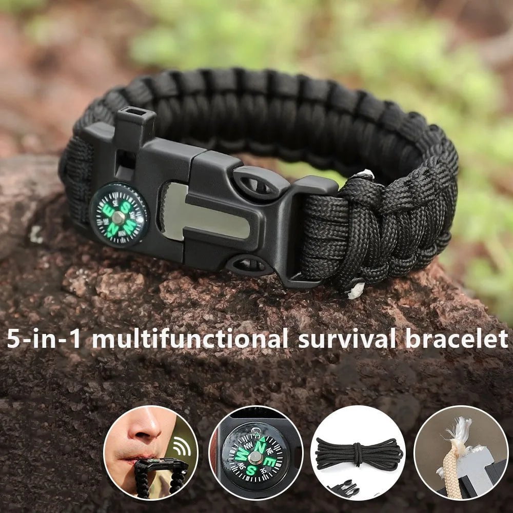 5-in-1 Survival Paracord Bracelet Outdoor Tactical Emergency Gear Kit Travel Camping Rope Bangles with Compass Whistle Scraper