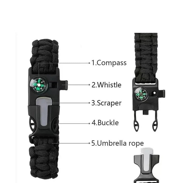 5-in-1 Survival Paracord Bracelet Outdoor Tactical Emergency Gear Kit Travel Camping Rope Bangles with Compass Whistle Scraper