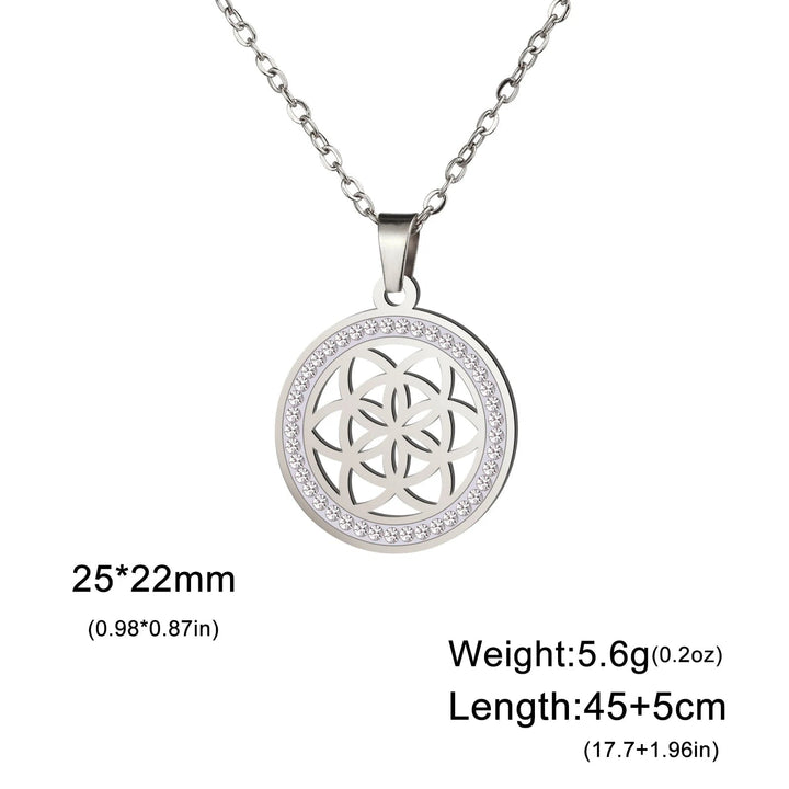 Skyrim Flower Seed of Life Necklaces Women Stainless Steel Clear Zircon Round Pendant Sacred Geometry Spiritual Amulet Jewelry B - Steel / 45-50 cm