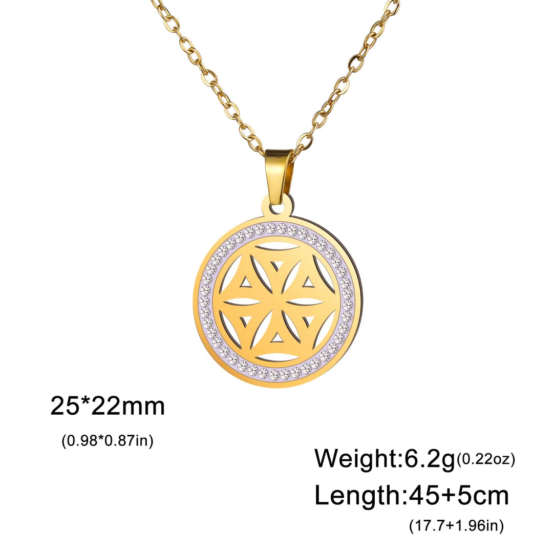 Skyrim Flower Seed of Life Necklaces Women Stainless Steel Clear Zircon Round Pendant Sacred Geometry Spiritual Amulet Jewelry C - Gold Color / 45-50 cm