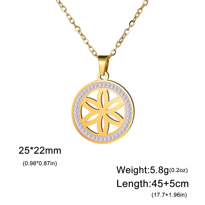 Skyrim Flower Seed of Life Necklaces Women Stainless Steel Clear Zircon Round Pendant Sacred Geometry Spiritual Amulet Jewelry D - Gold Color / 45-50 cm