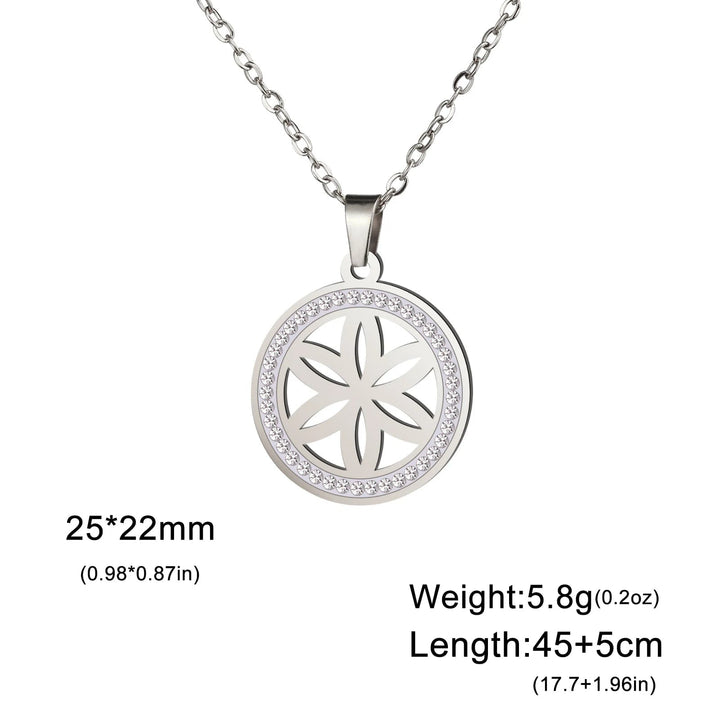 Skyrim Flower Seed of Life Necklaces Women Stainless Steel Clear Zircon Round Pendant Sacred Geometry Spiritual Amulet Jewelry D - Steel / 45-50 cm