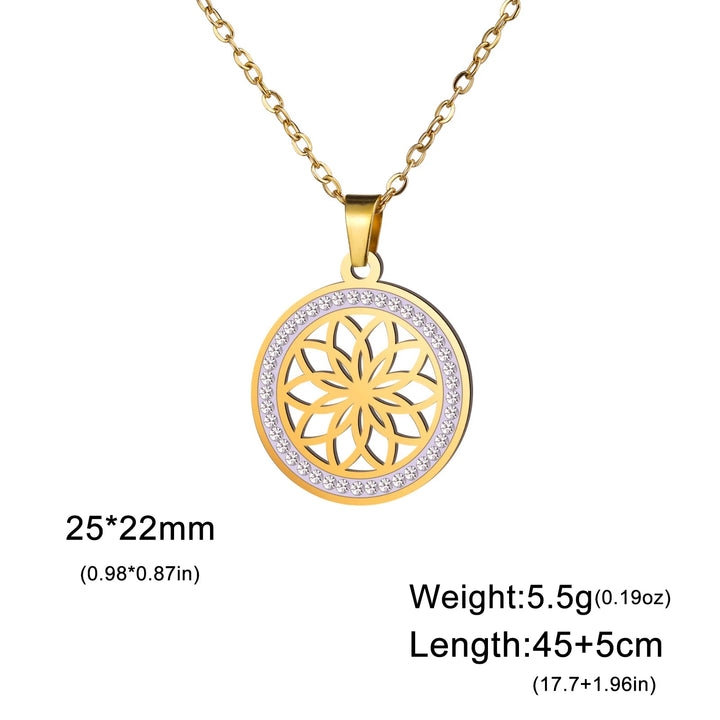 Skyrim Flower Seed of Life Necklaces Women Stainless Steel Clear Zircon Round Pendant Sacred Geometry Spiritual Amulet Jewelry E - Gold Color / 45-50 cm