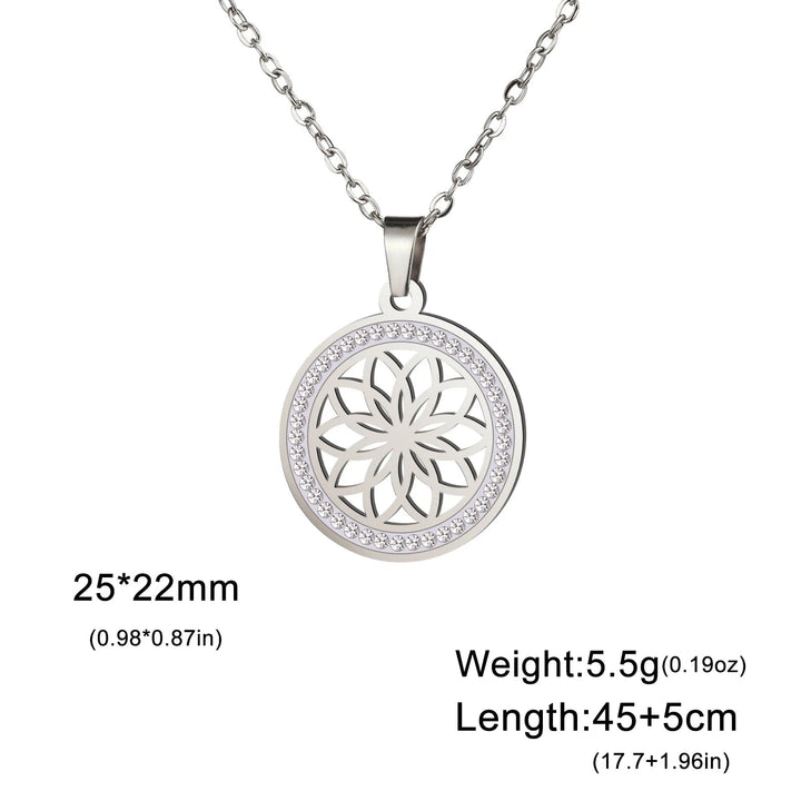 Skyrim Flower Seed of Life Necklaces Women Stainless Steel Clear Zircon Round Pendant Sacred Geometry Spiritual Amulet Jewelry E - Steel / 45-50 cm