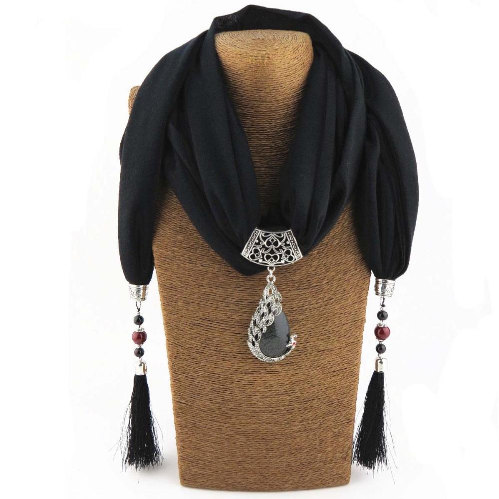 Tasseled With Phoenix Stone Scarf Black Accessories