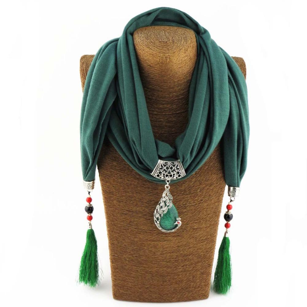 Tasseled With Phoenix Stone Scarf Green Accessories