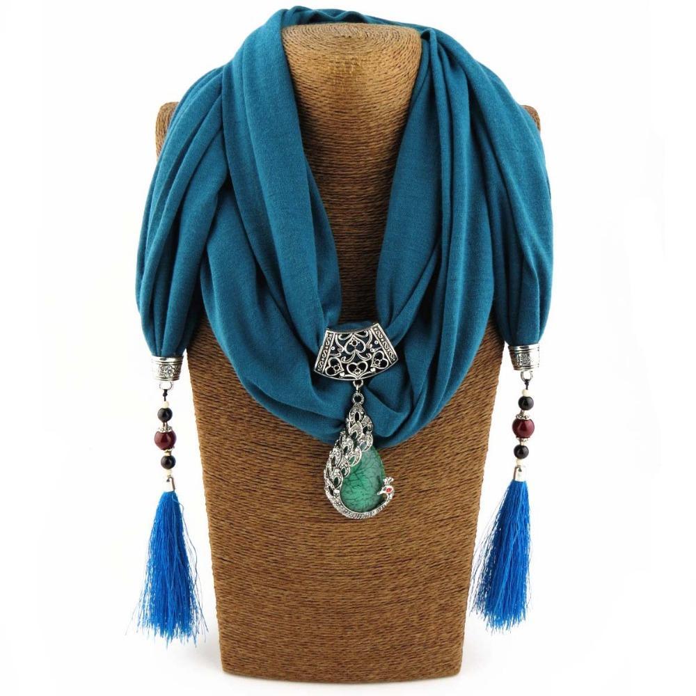 Tasseled With Phoenix Stone Scarf Teal Accessories