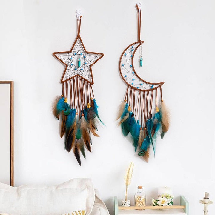 Tranquil Star and Moon Dream Catcher Duo