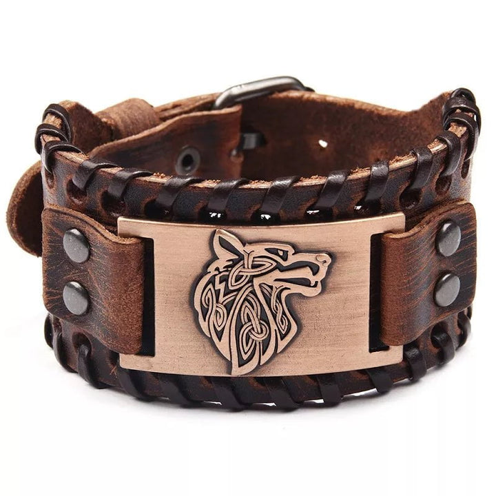 Vintage Celtic Wolf Leather Braided Bracelet