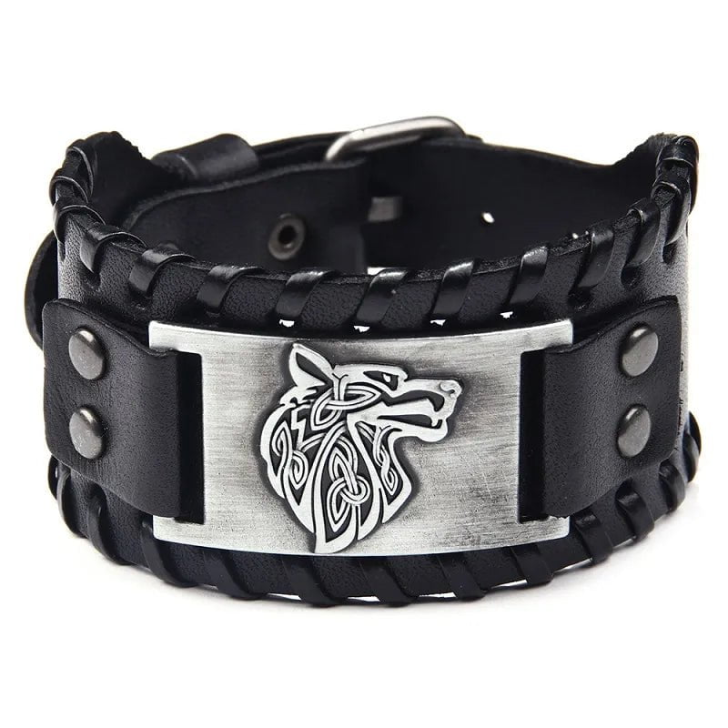 Vintage Celtic Wolf Leather Braided Bracelet