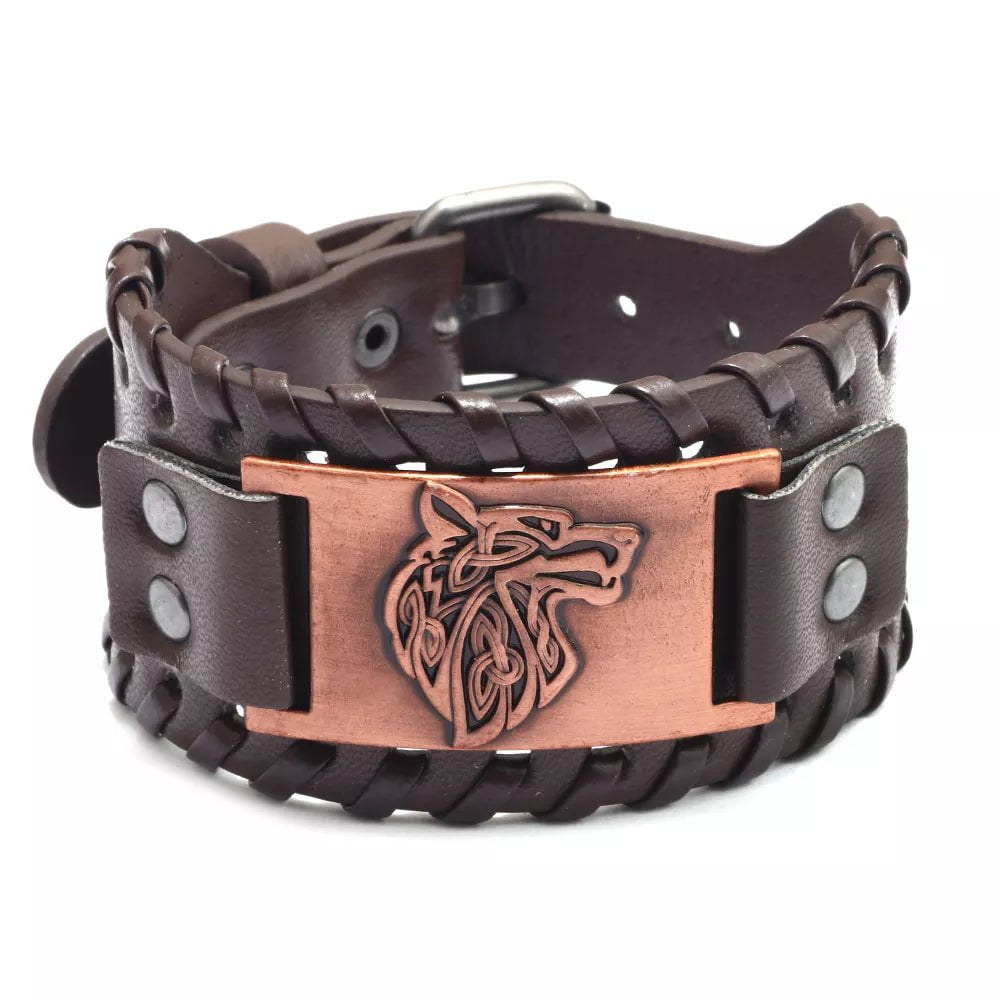 Vintage Celtic Wolf Leather Braided Bracelet A