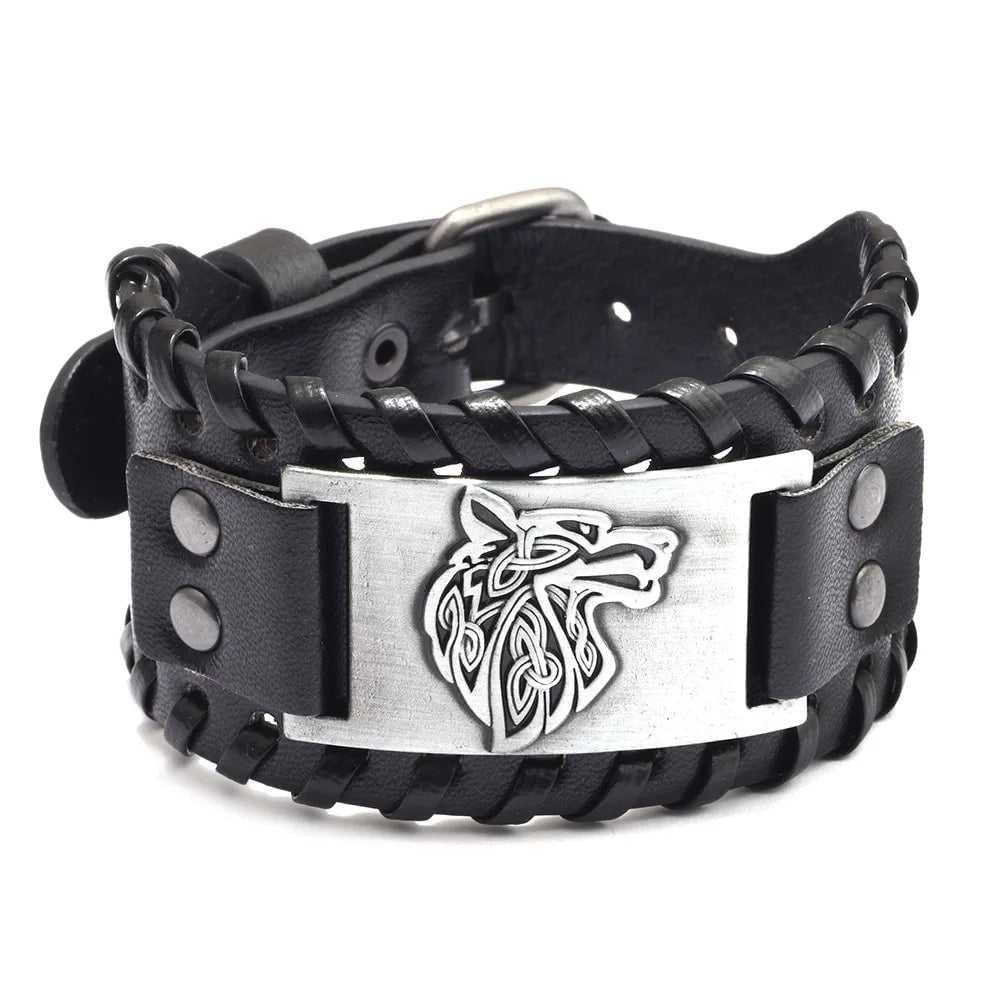 Vintage Celtic Wolf Leather Braided Bracelet B