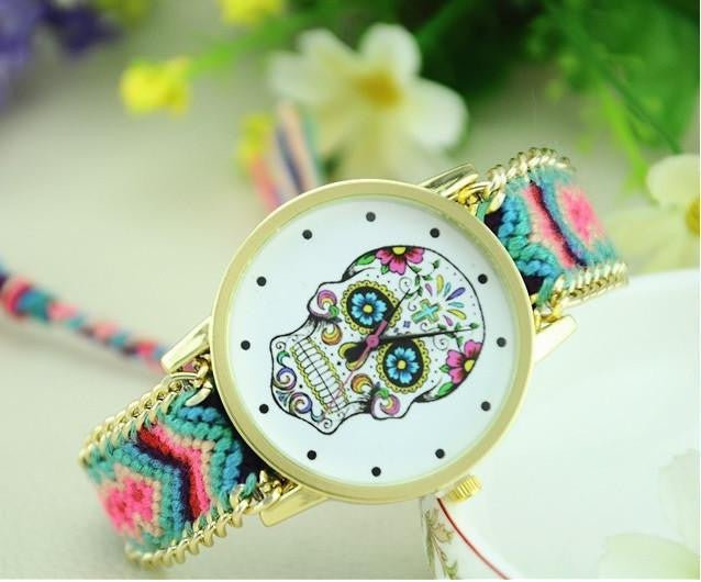 Woven Braided Bracelet Sugar Skull Watch Candy Watches