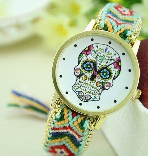 Woven Braided Bracelet Sugar Skull Watch Green Watches