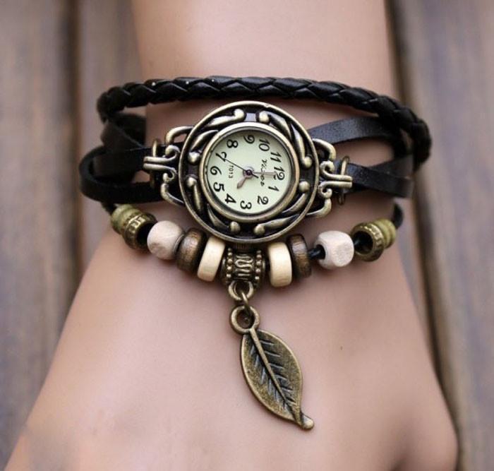 Beaded Woven Leather Layered Bracelet Watch Black Watches