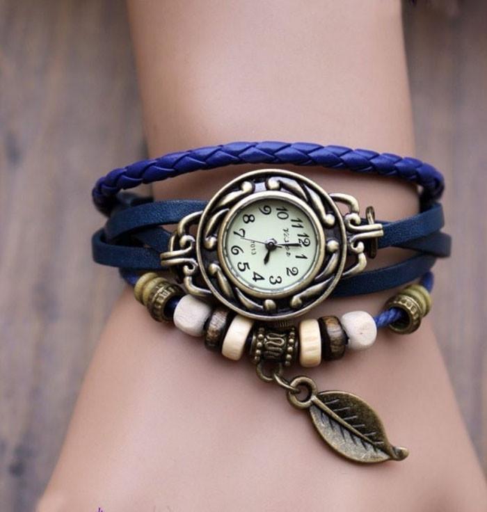 Beaded Woven Leather Layered Bracelet Watch Blue Watches