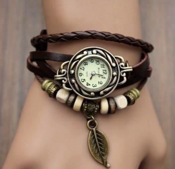 Beaded Woven Leather Layered Bracelet Watch Brown Watches