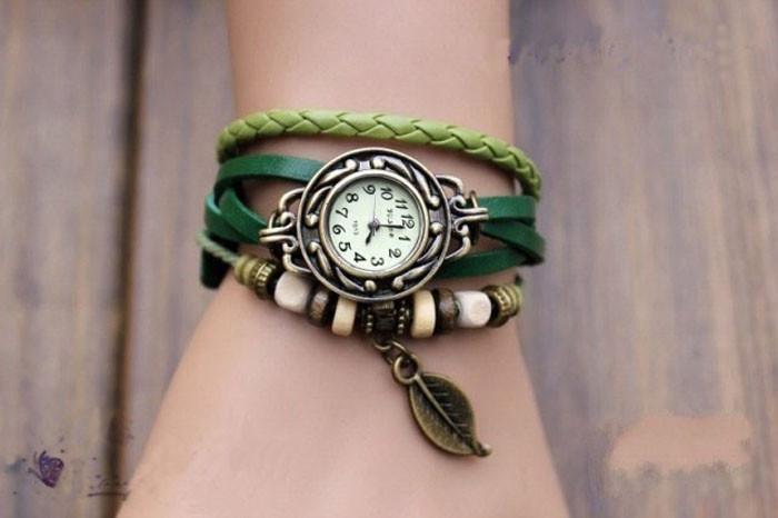 Beaded Woven Leather Layered Bracelet Watch Green Watches