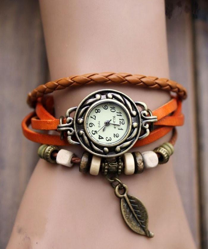 Beaded Woven Leather Layered Bracelet Watch Orange Watches