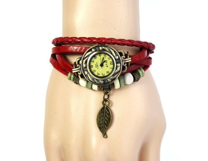 Beaded Woven Leather Layered Bracelet Watch Red Watches