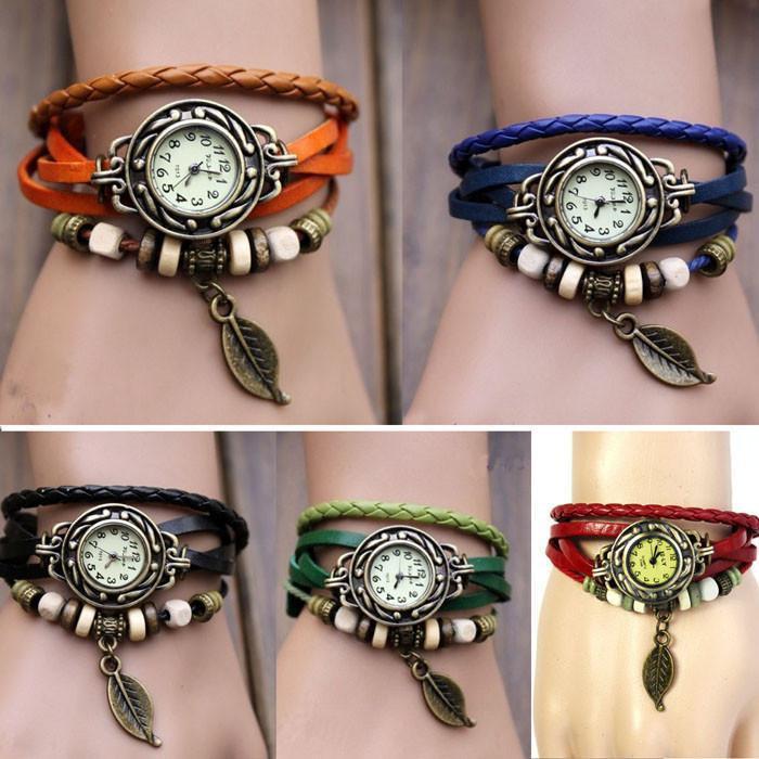 Beaded Woven Leather Layered Bracelet Watch Watches