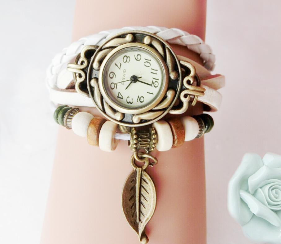 Beaded Woven Leather Layered Bracelet Watch White Watches