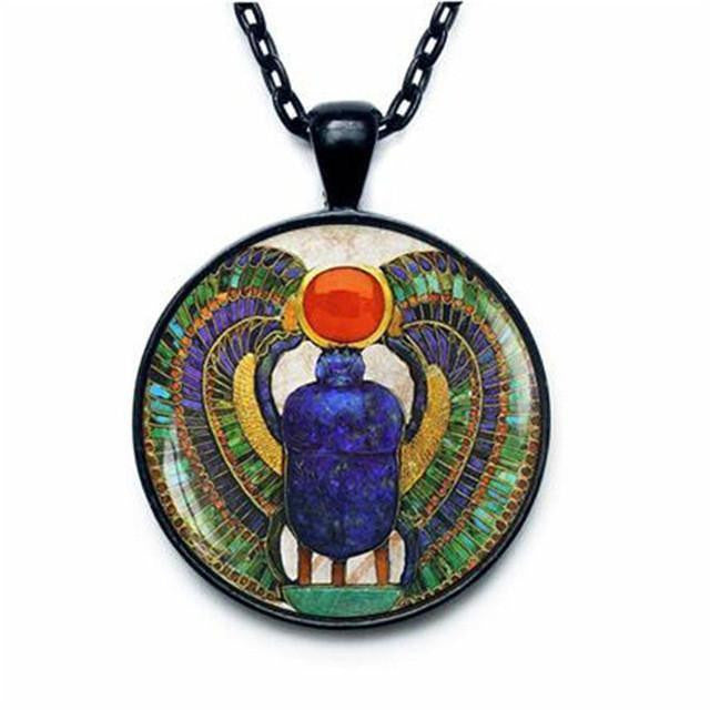 Egyptian Scarab Glass Dome Pendant Necklace Black Necklaces