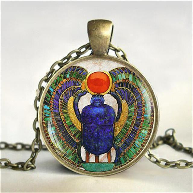 Egyptian Scarab Glass Dome Pendant Necklace Bronze Necklaces