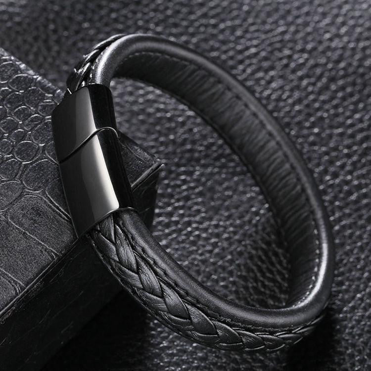 Genuine Leather Braided Bracelet With Black Stainless Steel Magnetic Clasp Bracelets