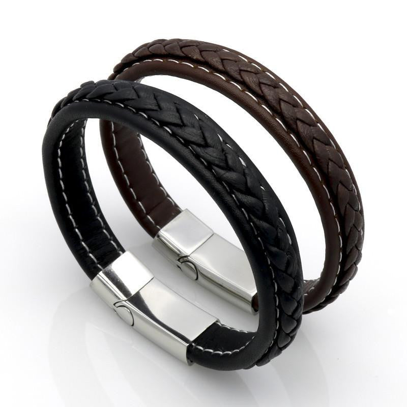 Genuine Leather Braided Bracelet With Stainless Steel Magnetic Clasp Bracelets