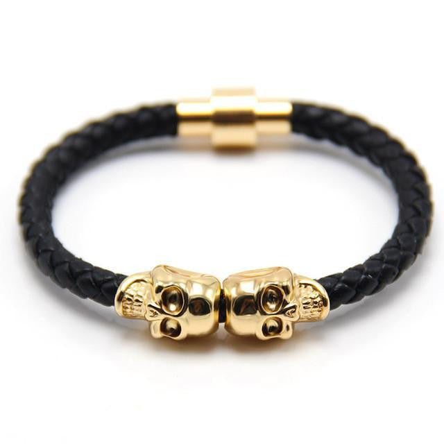 Genuine Leather Double Skull Magnetic Bracelet Black - Gold Bracelets