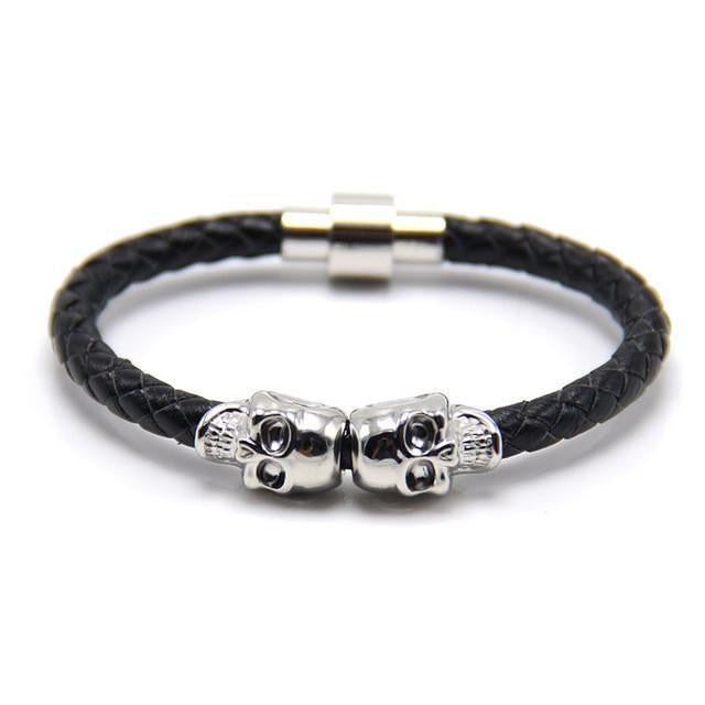 Genuine Leather Double Skull Magnetic Bracelet Black - Silver Bracelets