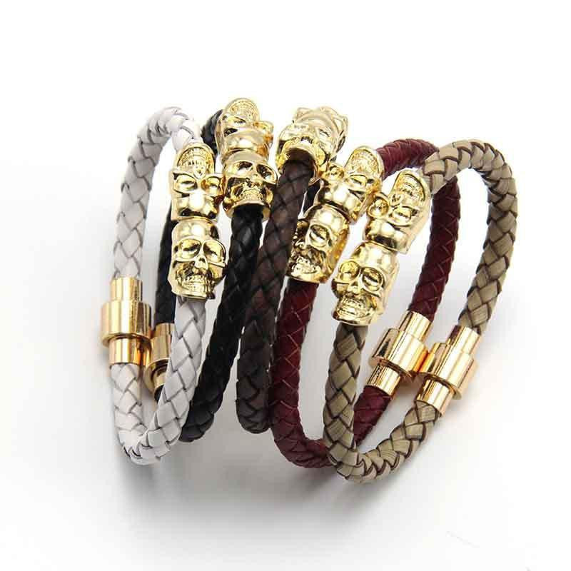 Genuine Leather Double Skull Magnetic Bracelet Bracelets