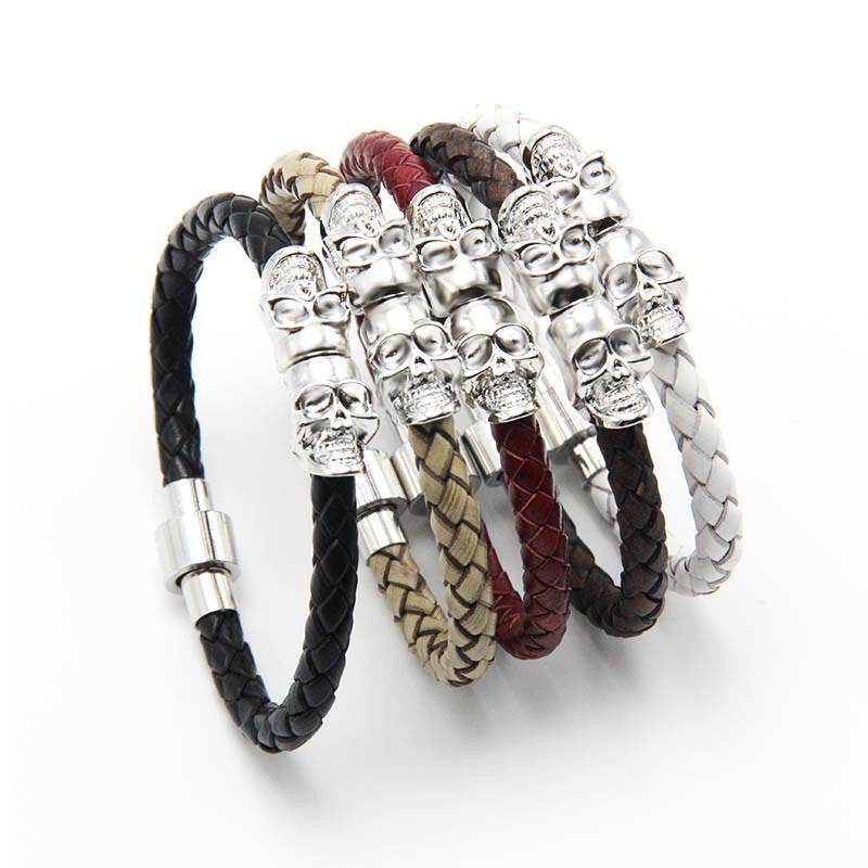 Genuine Leather Double Skull Magnetic Bracelet Bracelets