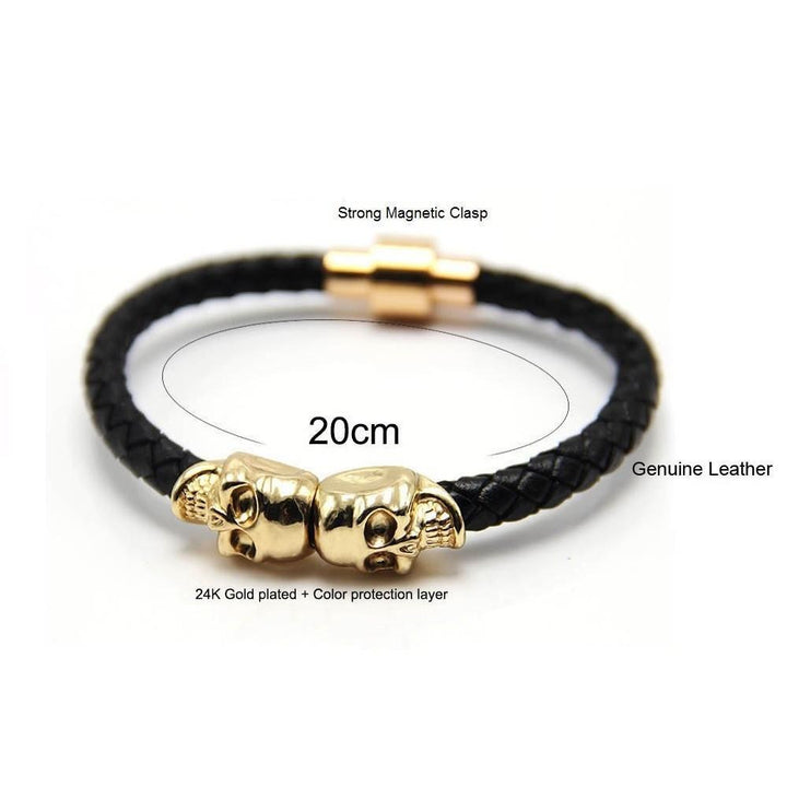 Genuine Leather Double Skull Magnetic Bracelet Bracelets