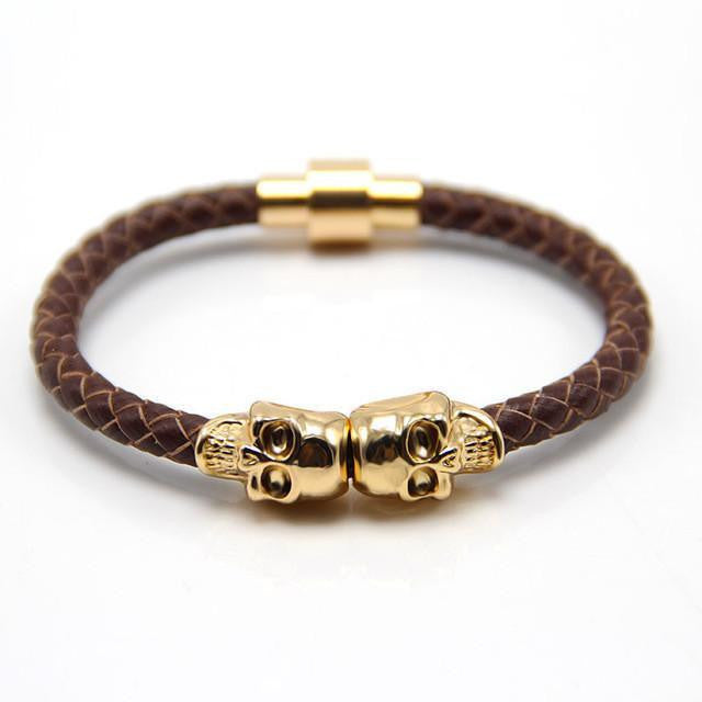 Genuine Leather Double Skull Magnetic Bracelet Brown - Gold Bracelets