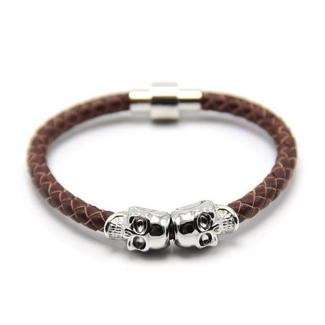 Genuine Leather Double Skull Magnetic Bracelet Brown - Silver Bracelets