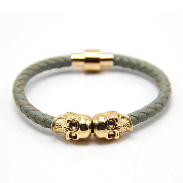 Genuine Leather Double Skull Magnetic Bracelet Gray - Gold Bracelets