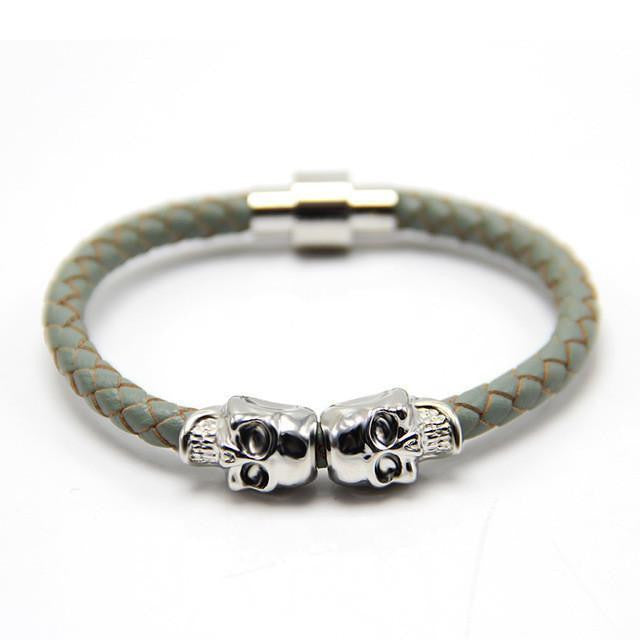 Genuine Leather Double Skull Magnetic Bracelet Gray - Silver Bracelets