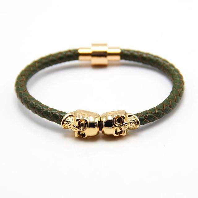 Genuine Leather Double Skull Magnetic Bracelet Green - Gold Bracelets