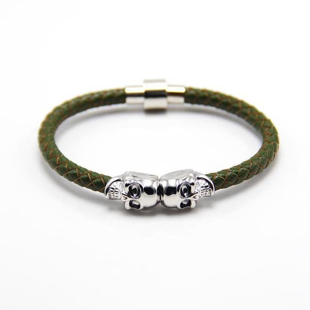 Genuine Leather Double Skull Magnetic Bracelet Green - Silver Bracelets