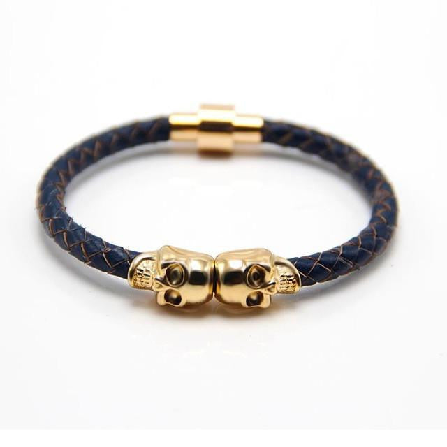 Genuine Leather Double Skull Magnetic Bracelet Navy Blue - Gold Bracelets