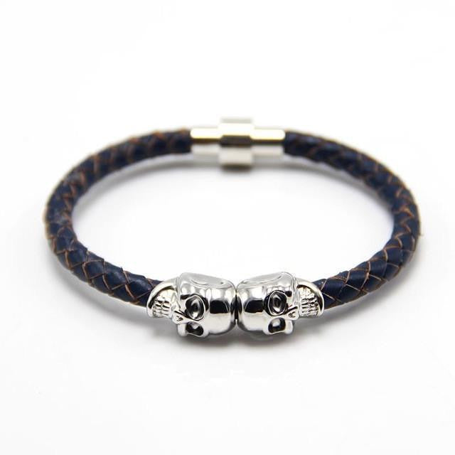 Genuine Leather Double Skull Magnetic Bracelet Navy Blue - Silver Bracelets