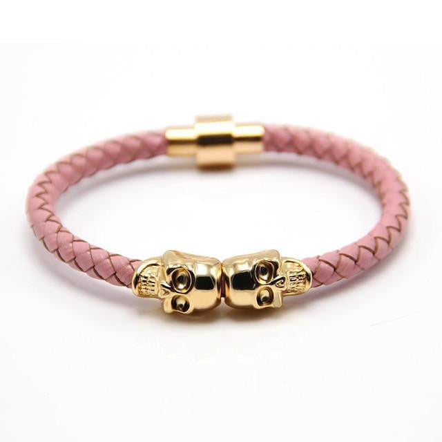 Genuine Leather Double Skull Magnetic Bracelet Pink - Gold Bracelets