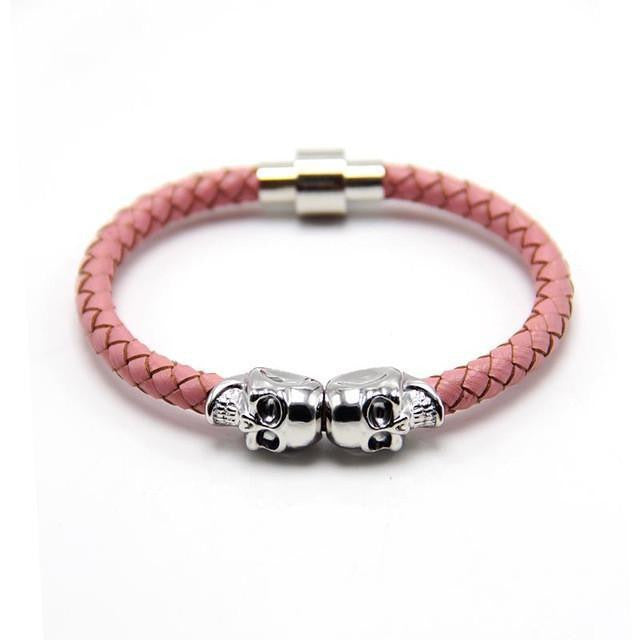 Genuine Leather Double Skull Magnetic Bracelet Pink - Silver Bracelets