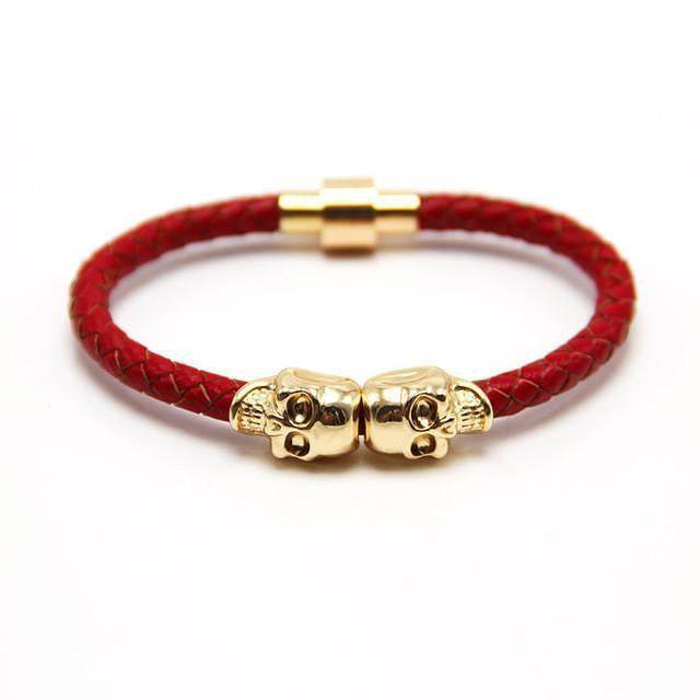 Genuine Leather Double Skull Magnetic Bracelet Red - Gold Bracelets