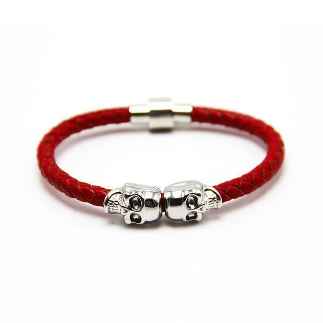 Genuine Leather Double Skull Magnetic Bracelet Red - Silver Bracelets