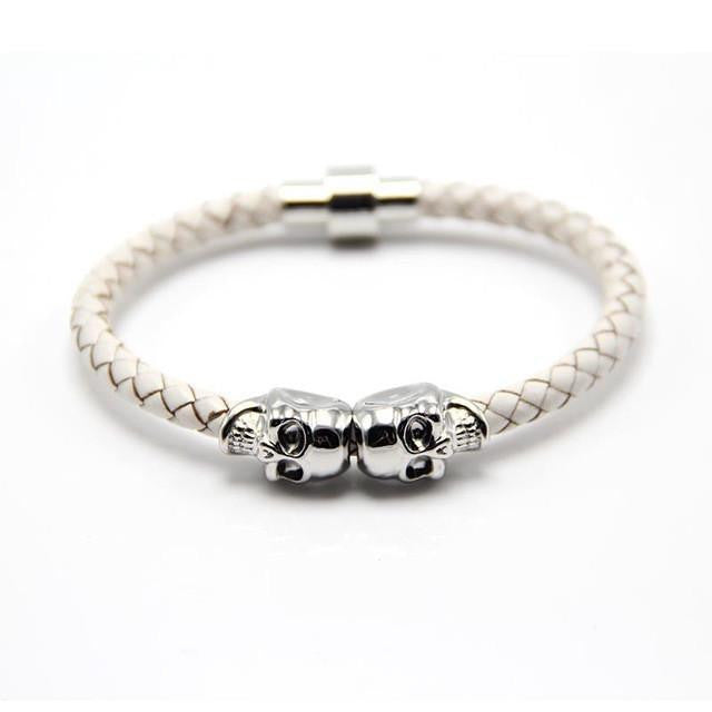 Genuine Leather Double Skull Magnetic Bracelet White - Silver Bracelets