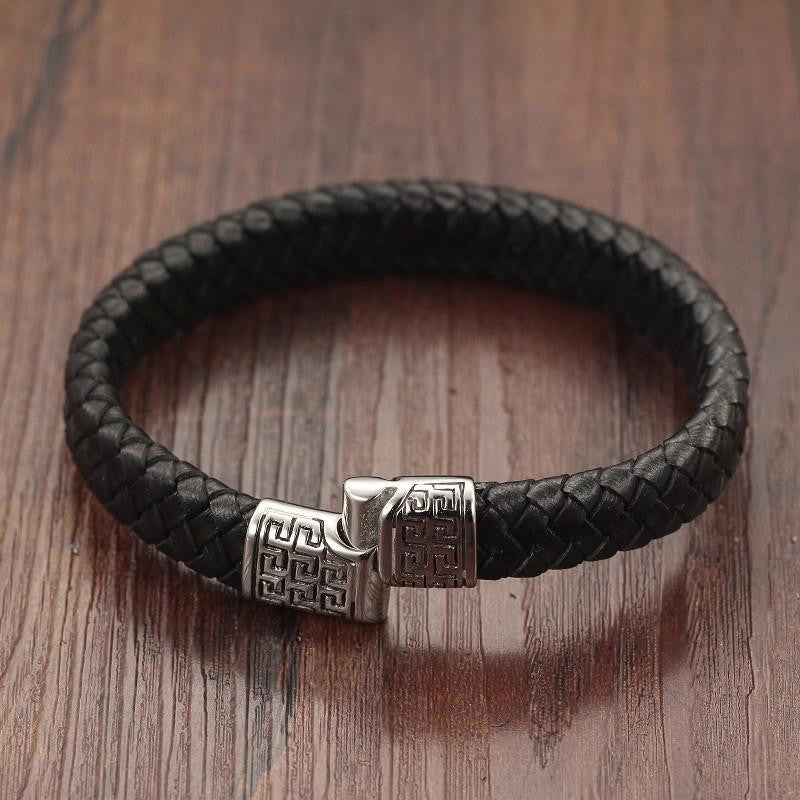 Geometric Tribal Stainless Steel Magnetic Clasp Woven Leather Bracelet Bracelets