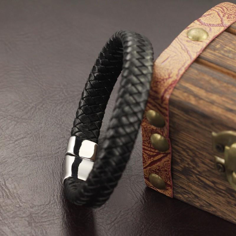 Geometric Tribal Stainless Steel Magnetic Clasp Woven Leather Bracelet Bracelets